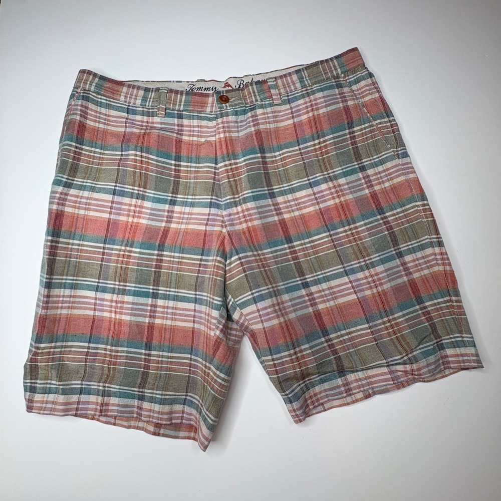 Tommy Bahama Mens 38 Plaid Linen Blend Shorts Multi Color Island Prep Coastal